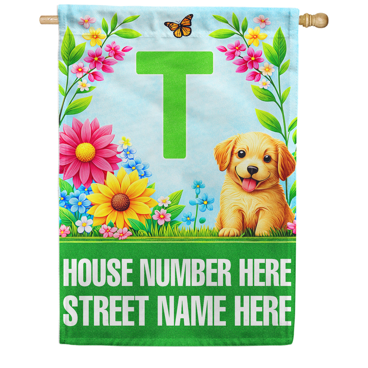 America Forever Spring Puppy Floral Monogram Personalized Address House Flag