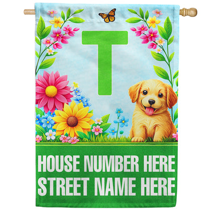 America Forever Spring Puppy Floral Monogram Personalized Address House Flag