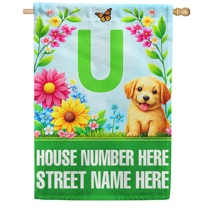 America Forever Spring Puppy Floral Monogram Personalized Address House Flag