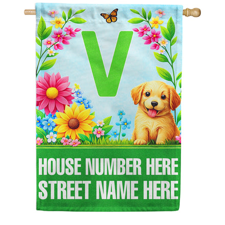 America Forever Spring Puppy Floral Monogram Personalized Address House Flag