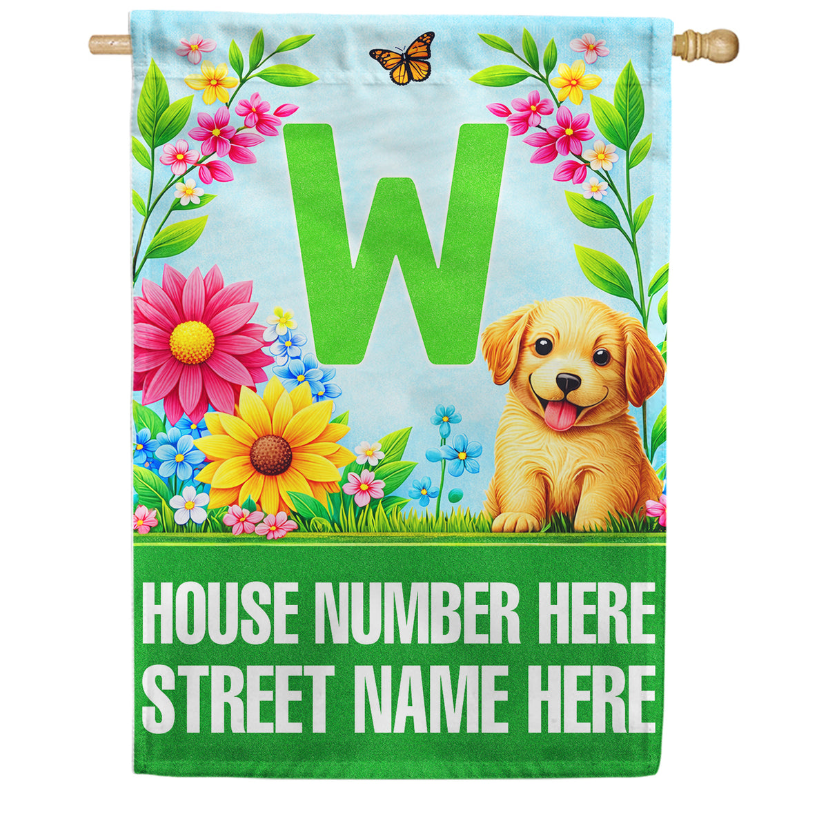 America Forever Spring Puppy Floral Monogram Personalized Address House Flag