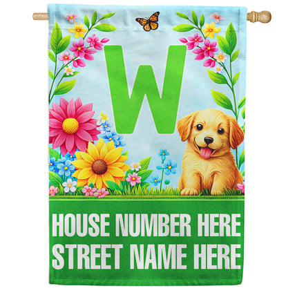America Forever Spring Puppy Floral Monogram Personalized Address House Flag
