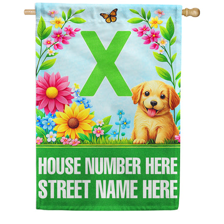 America Forever Spring Puppy Floral Monogram Personalized Address House Flag