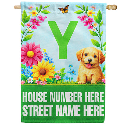 America Forever Spring Puppy Floral Monogram Personalized Address House Flag