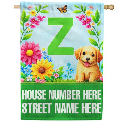 America Forever Spring Puppy Floral Monogram Personalized Address House Flag