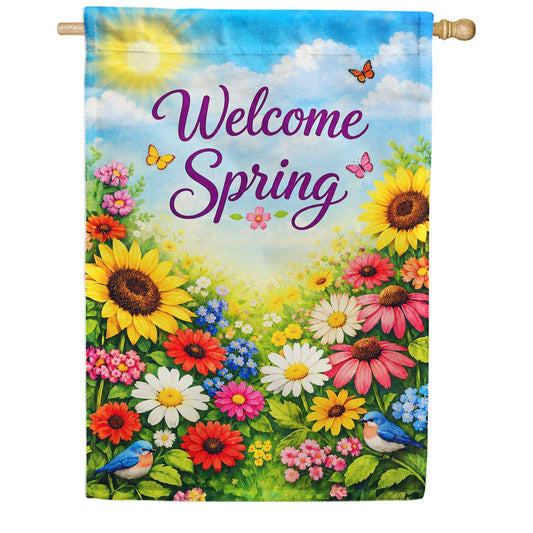Welcome Spring Sunflowers and Butterflies House Flag