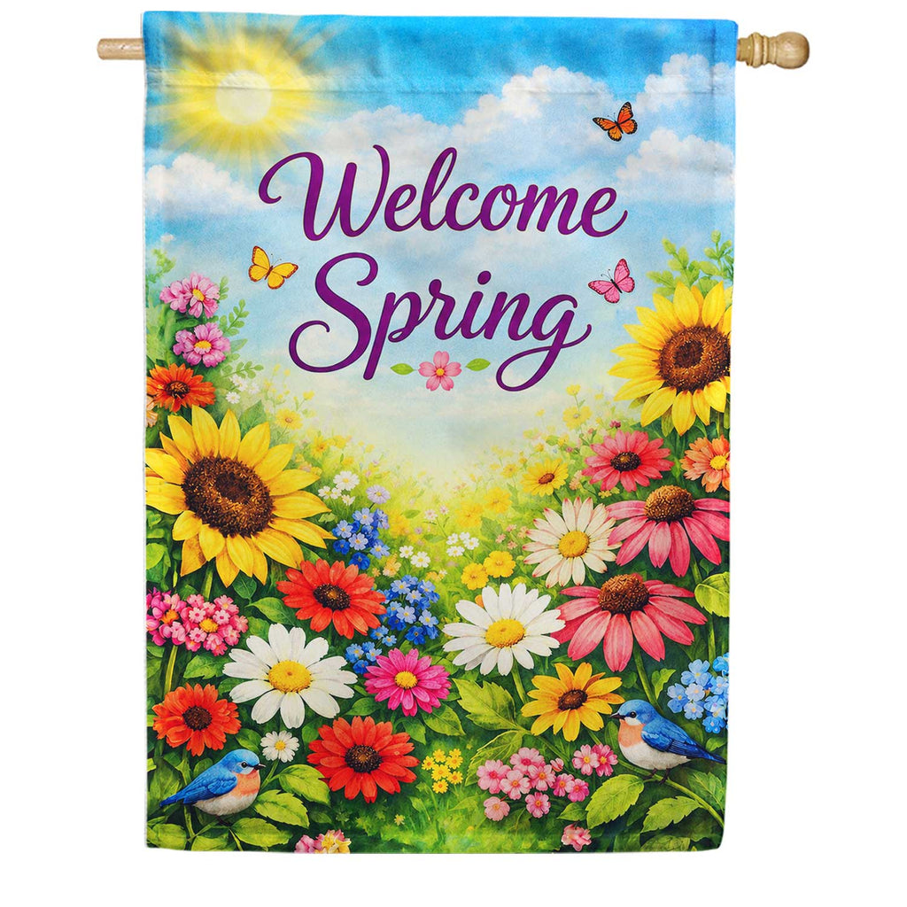 Welcome Spring Sunflowers and Butterflies House Flag
