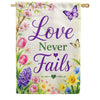 Love Never Fails Spring Floral Butterflies House Flag