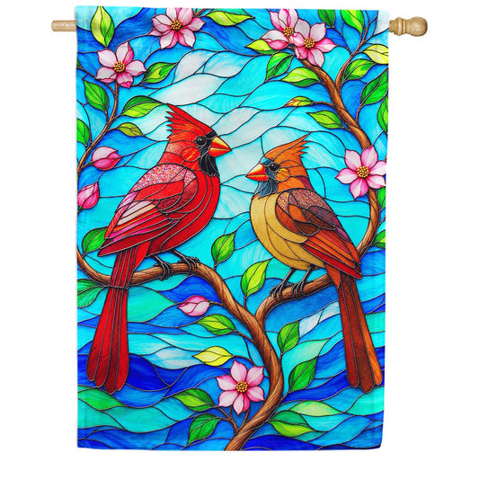 America Forever Stained Glass Cardinals with Pink Blossoms House Flag