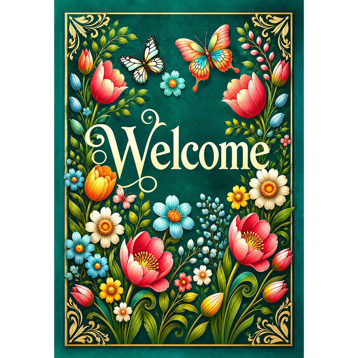 America Forever Welcome Spring Floral Butterflies House Flag