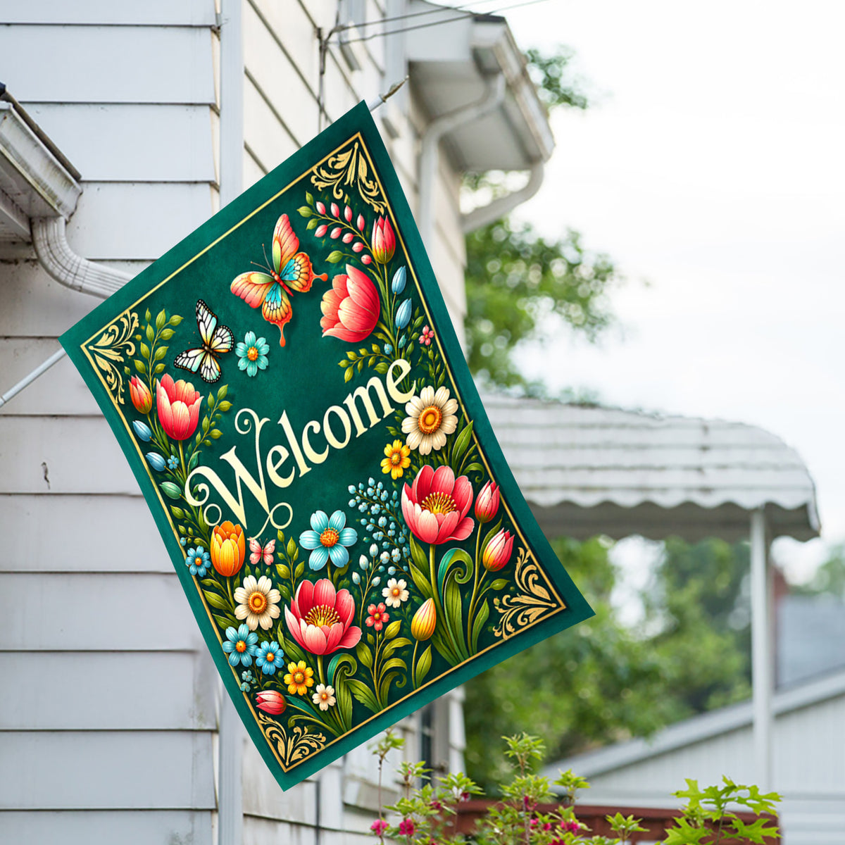 America Forever Welcome Spring Floral Butterflies House Flag