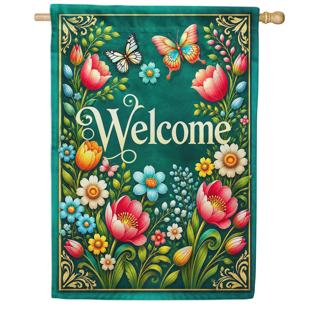 America Forever Welcome Spring Floral Butterflies House Flag