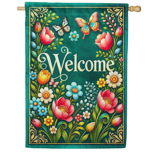 America Forever Welcome Spring Floral Butterflies House Flag