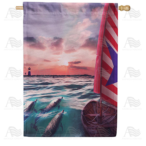 America Forever Dolphin Pod Sunset Swim House Flag
