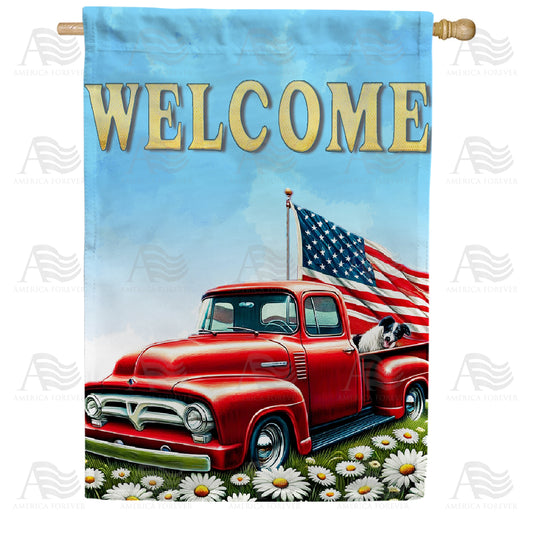 America Forever Patriotic Red Truck Welcome House Flag