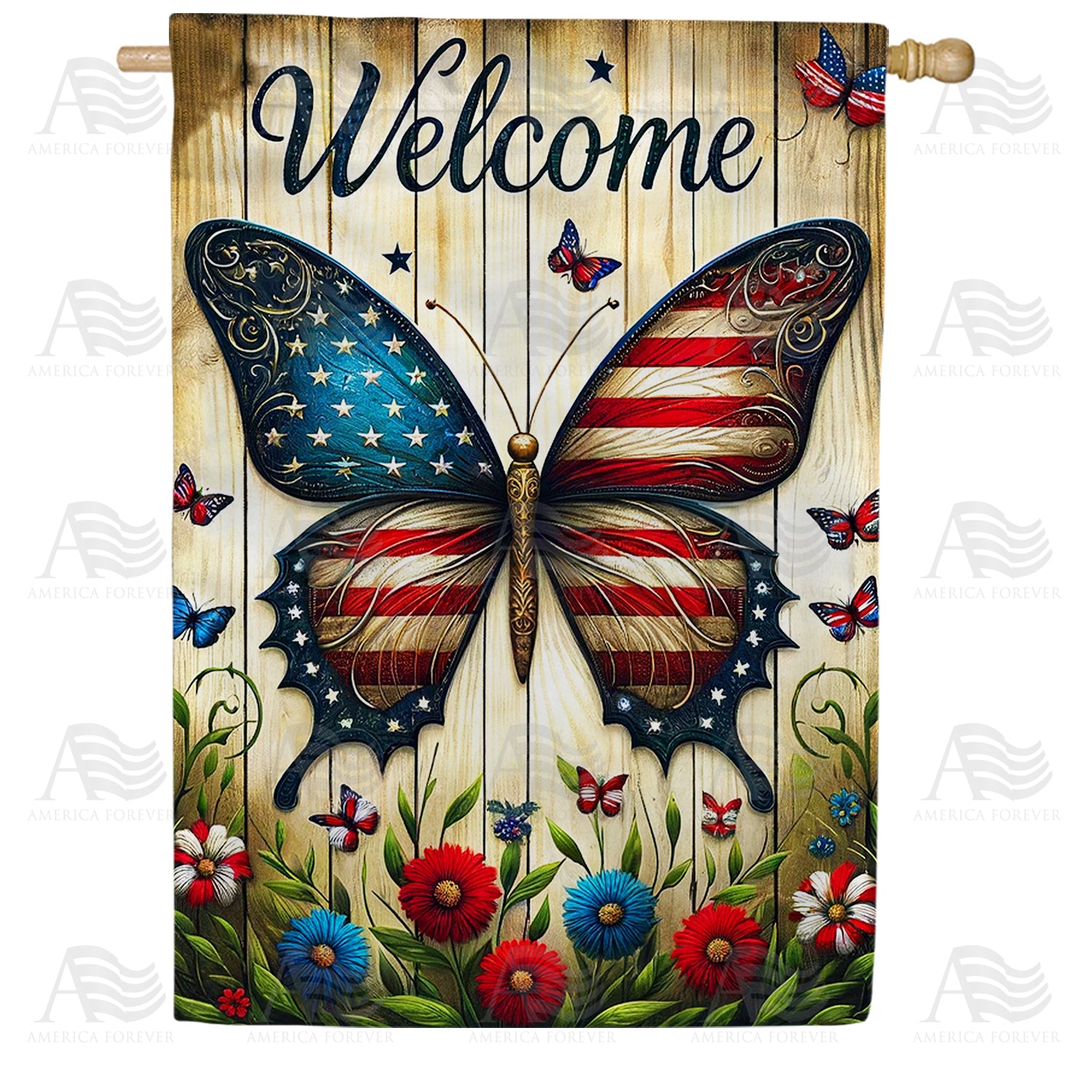 America Forever Patriotic Welcome Butterfly House Flag