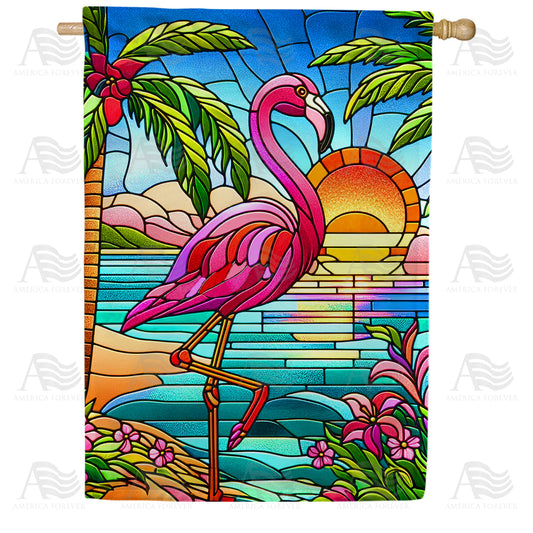 America Forever Tropical Flamingo Stained Glass House Flag