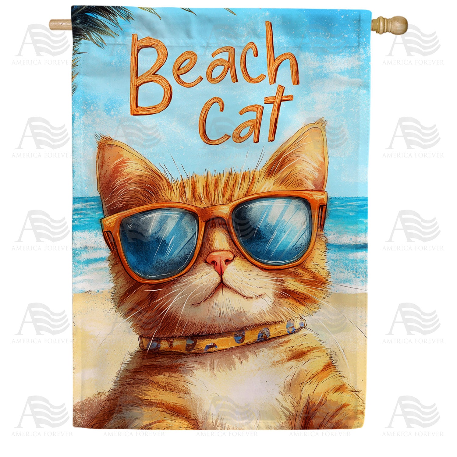 America Forever Beach Cat Orange Tabby Sunglasses House Flag
