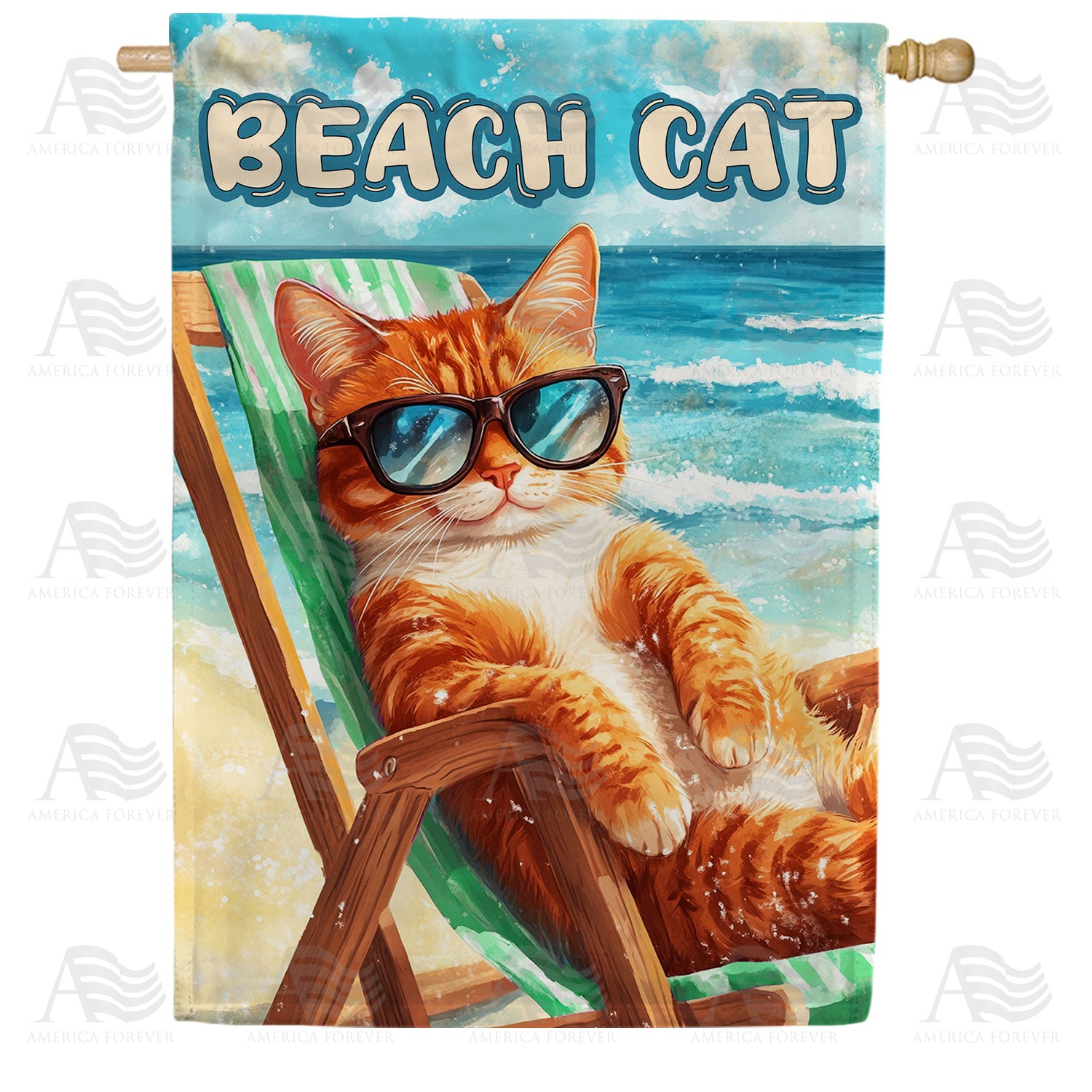 America Forever Beach Cat Orange Tabby Beach Chair House Flag