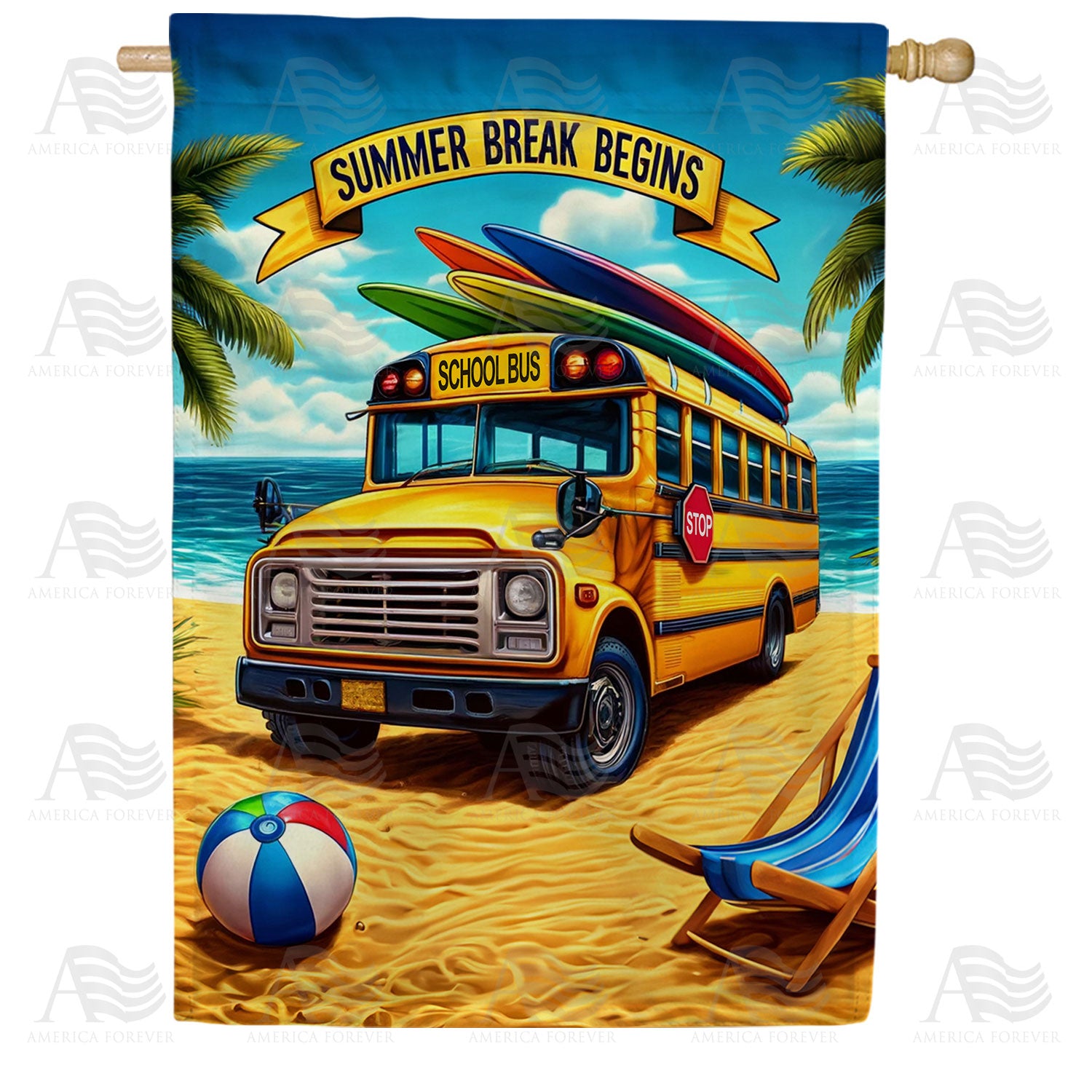 America Forever Summer Break Begins School Bus Beach House Flag