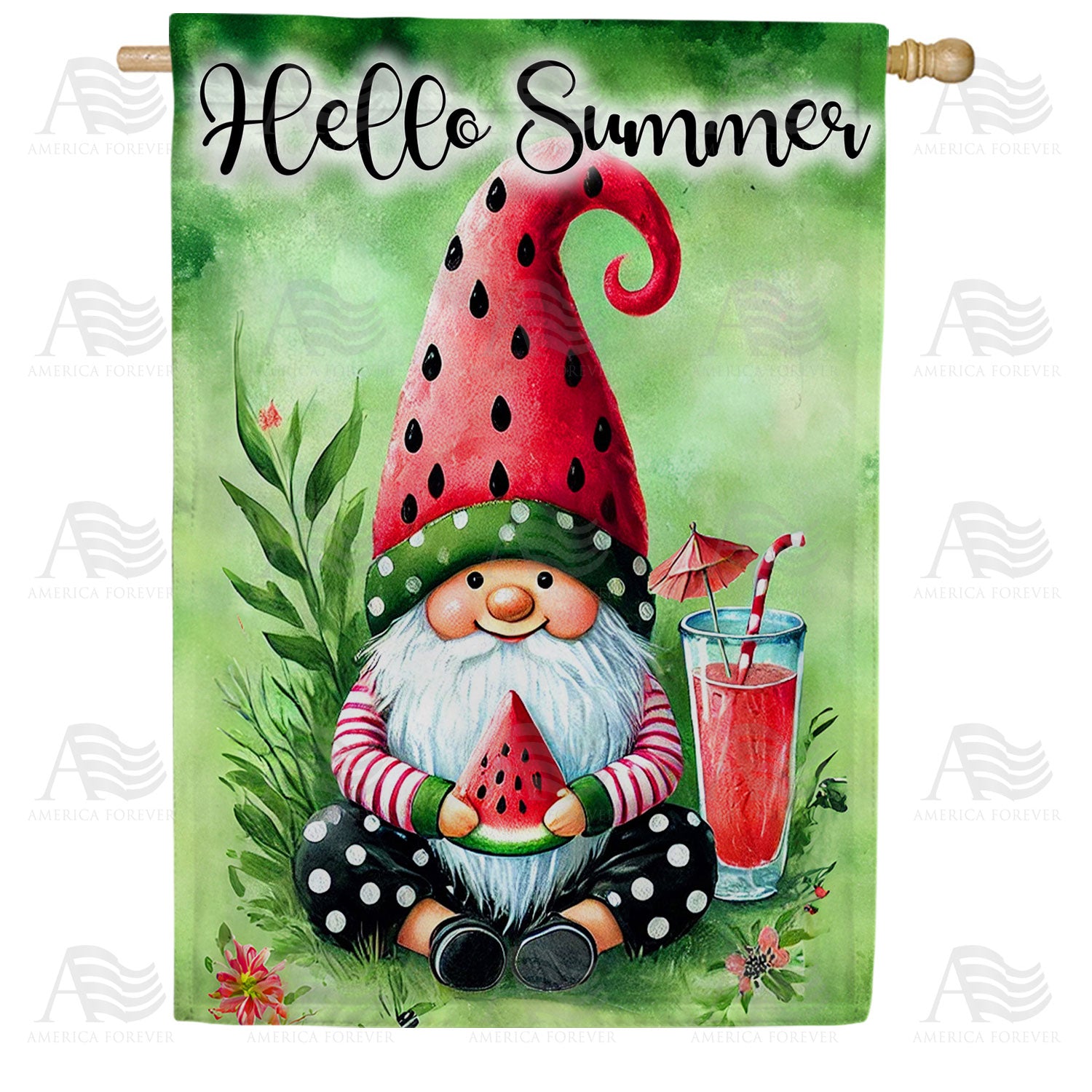 America Forever Hello Summer Watermelon Gnome House Flag