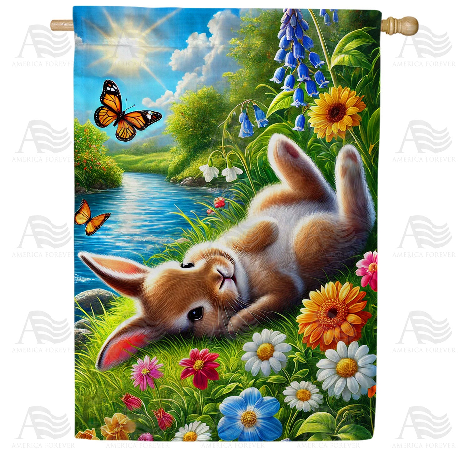 America Forever Peaceful Bunny Butterfly Garden Scene House Flag