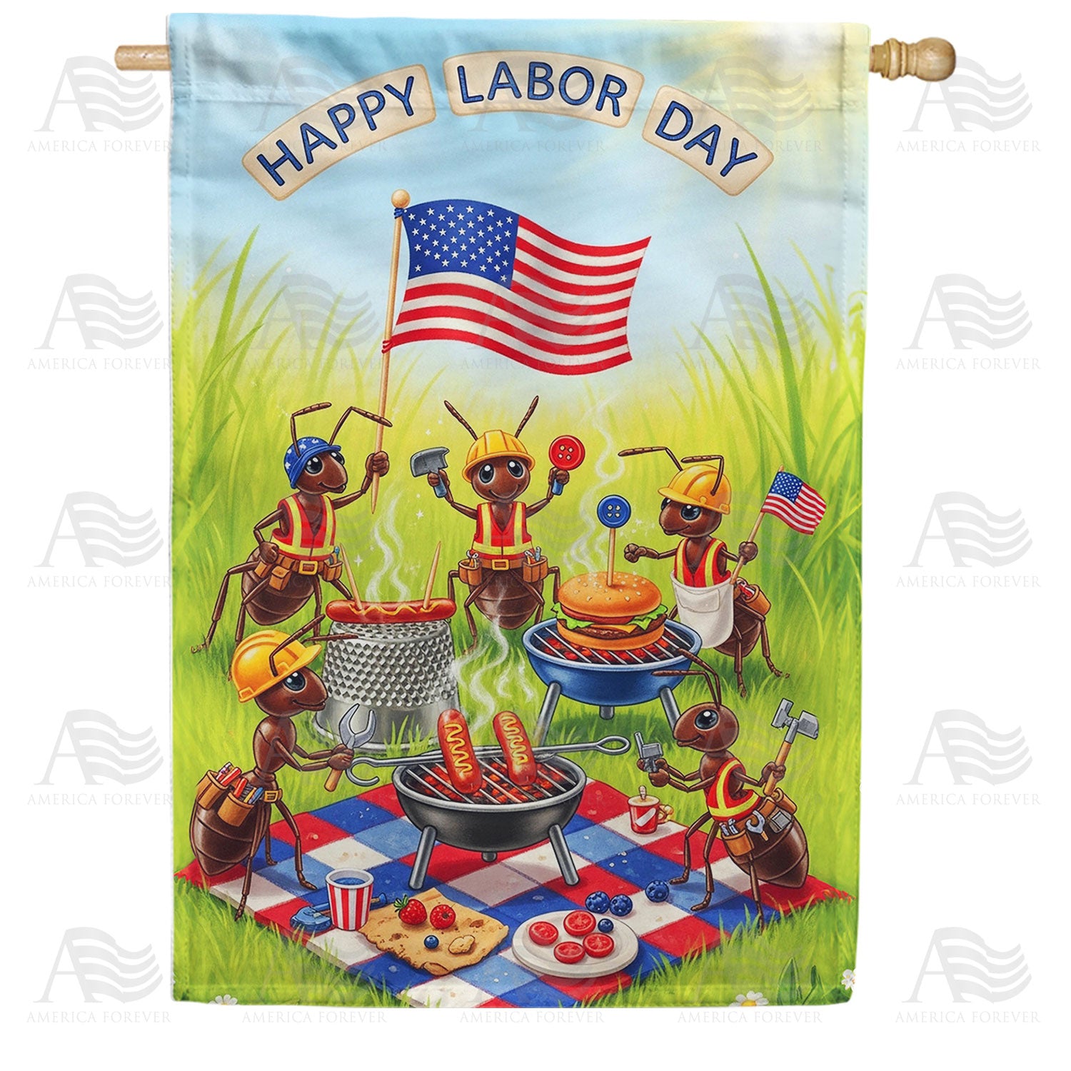 Happy Labor Day BBQ Ants Double Sided House Flag