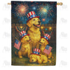 Patriotic Golden Retriever Family Fireworks Double Sided House Flag