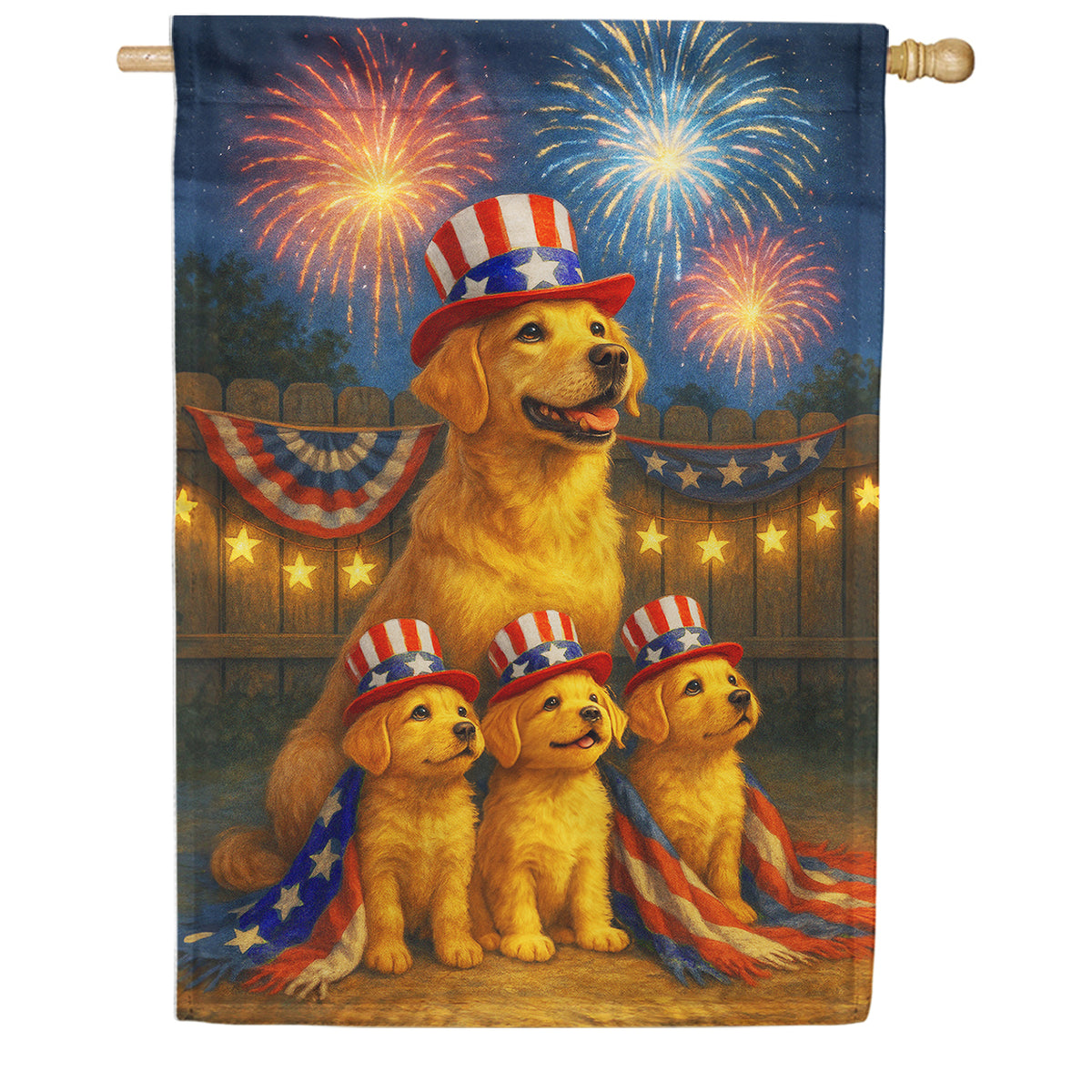 America Forever Golden Retriever Fireworks House Flag