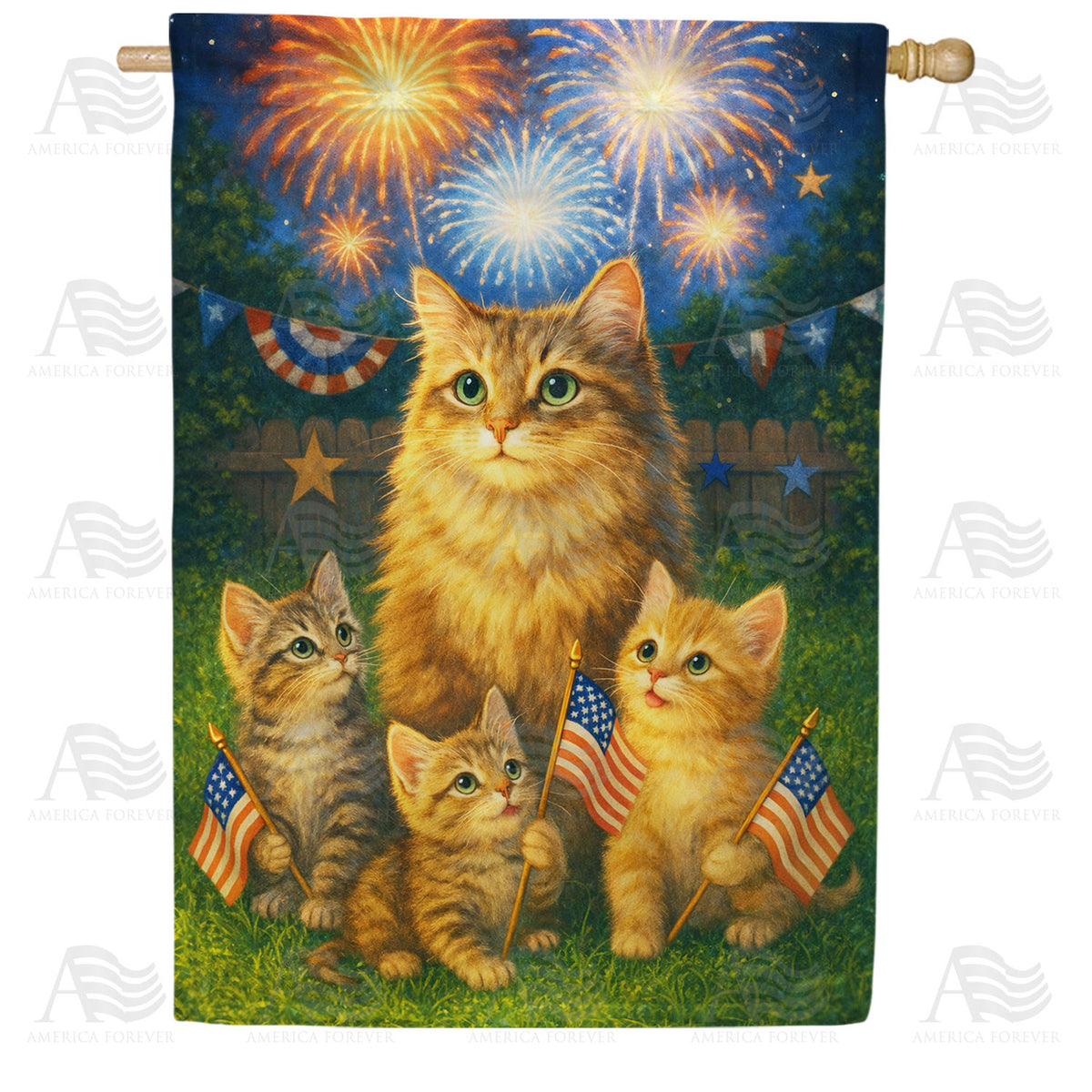 America Forever Patriotic Cats Fireworks Fourth of July House Flag