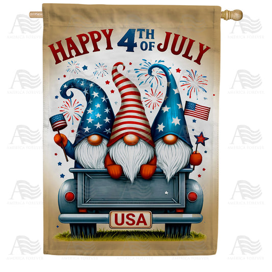 America Forever Happy 4th of July Patriotic Gnomes House Flag