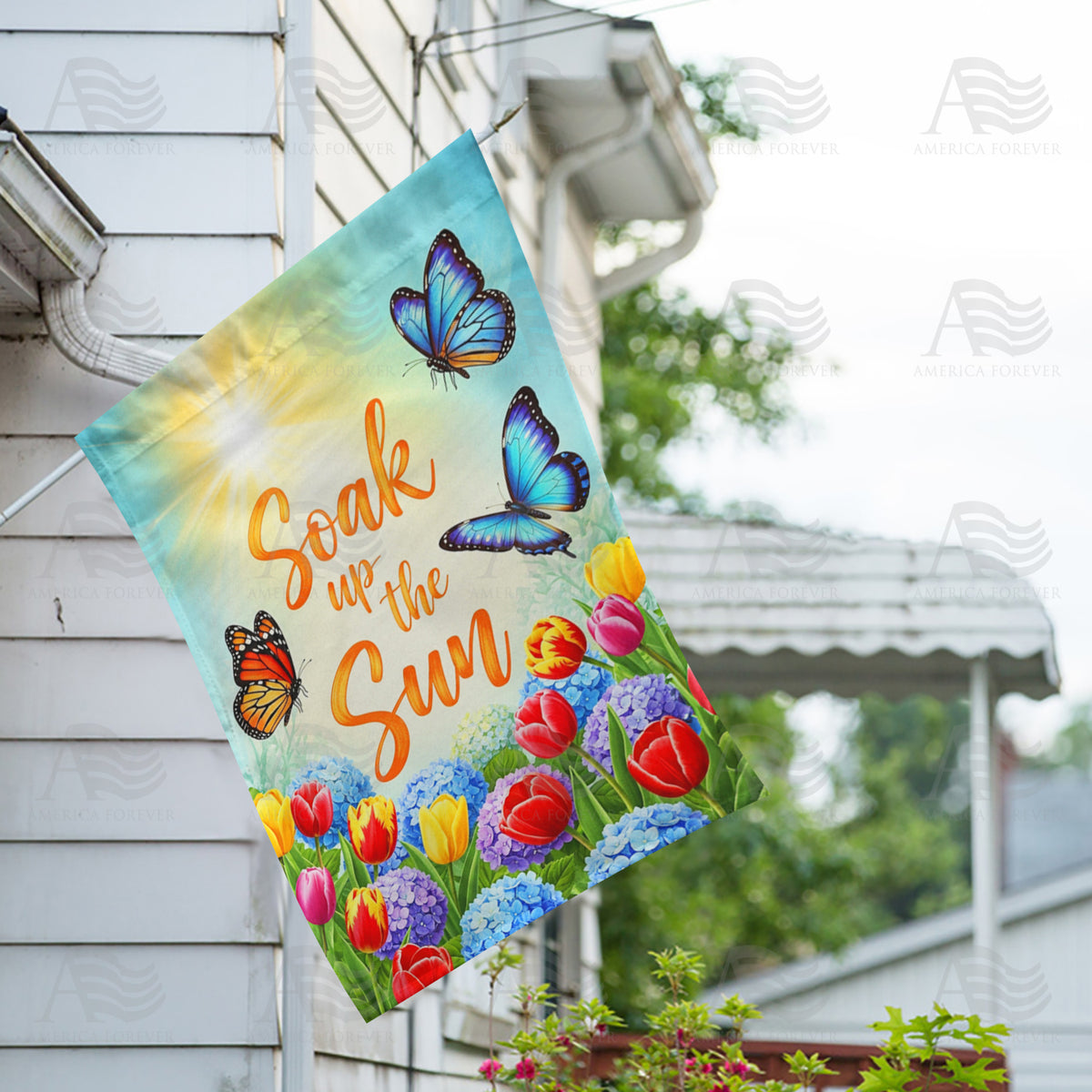 America Forever Soak Up the Sun Butterflies Flowers House Flag