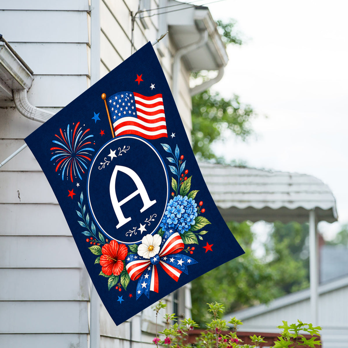 America Forever Floral Fireworks Patriotic Monogram House Flag