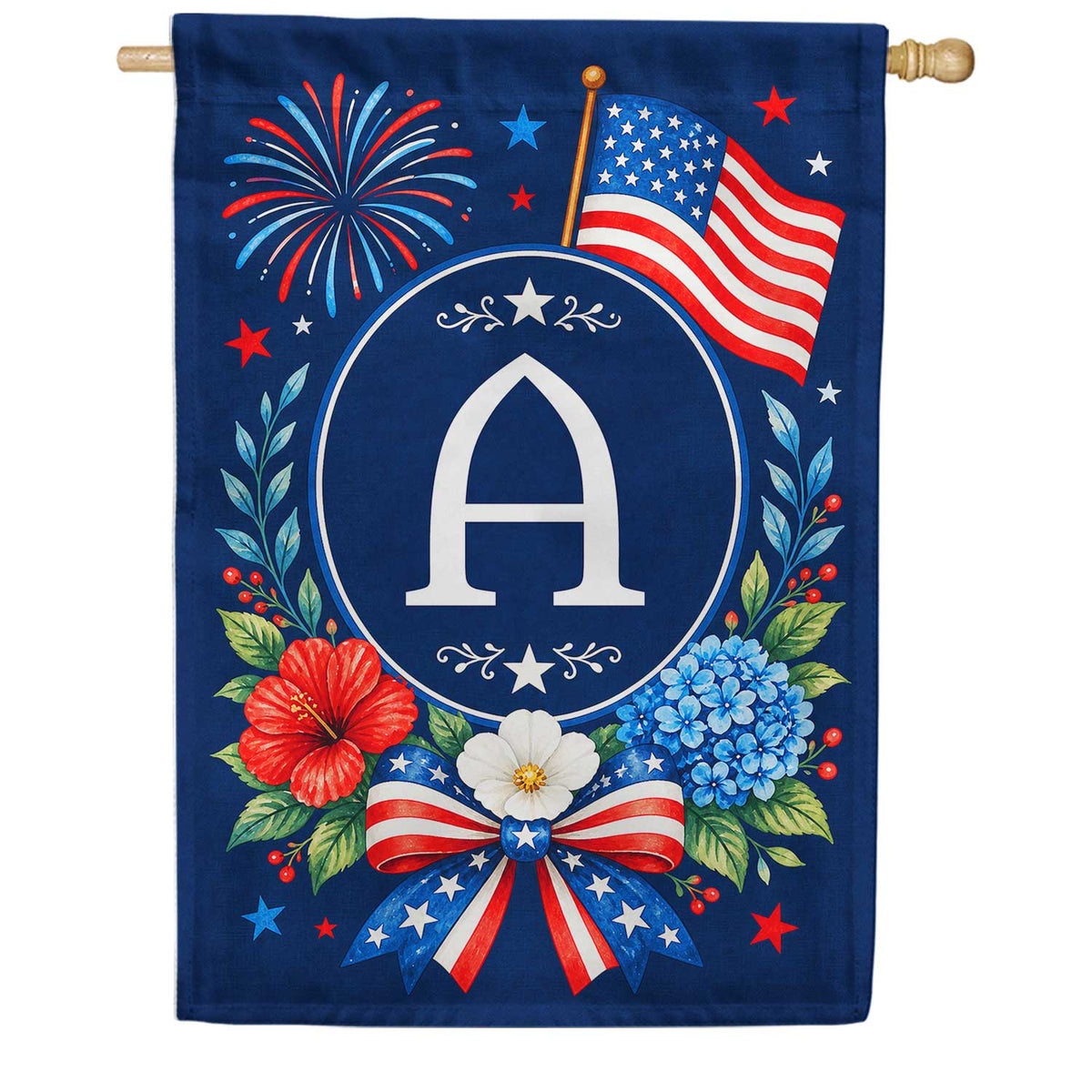 America Forever Floral Fireworks Patriotic Monogram House Flag