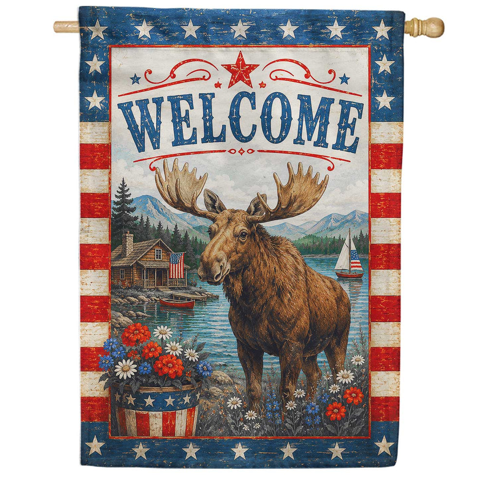 America Forever Patriotic Moose Welcome Lakeside Americana House Flag