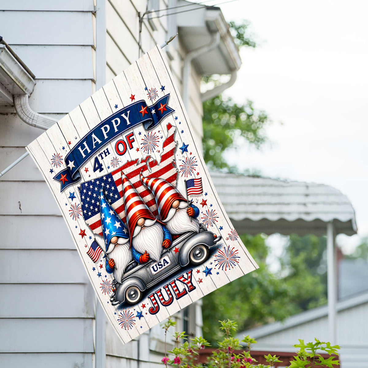 Patriotic Happy 4th of July Gnomes House Flag