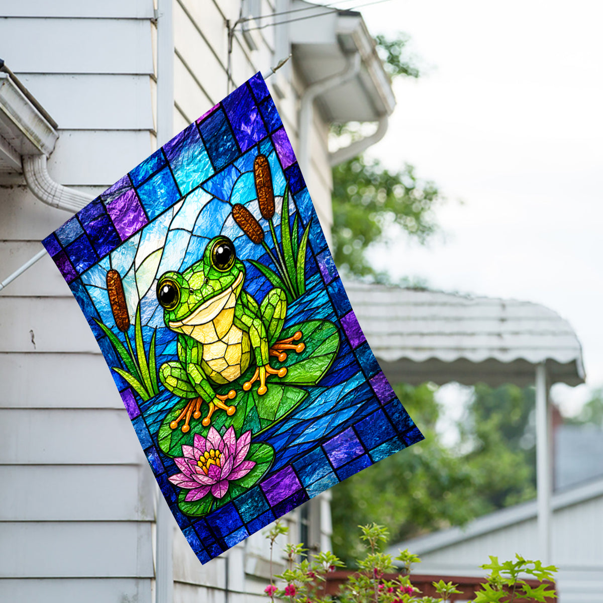 Stained Glass Frog on Lily Pad House Flag