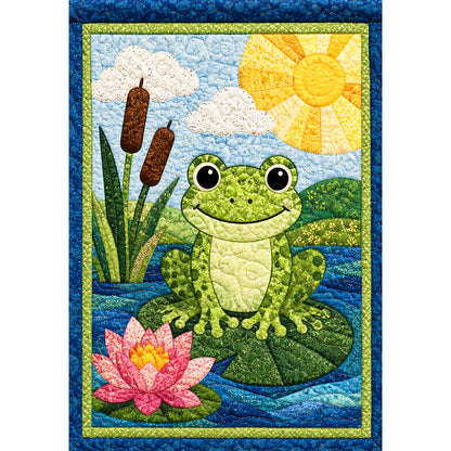 Cheerful Frog on Lily Pad Pond Scene House Flag