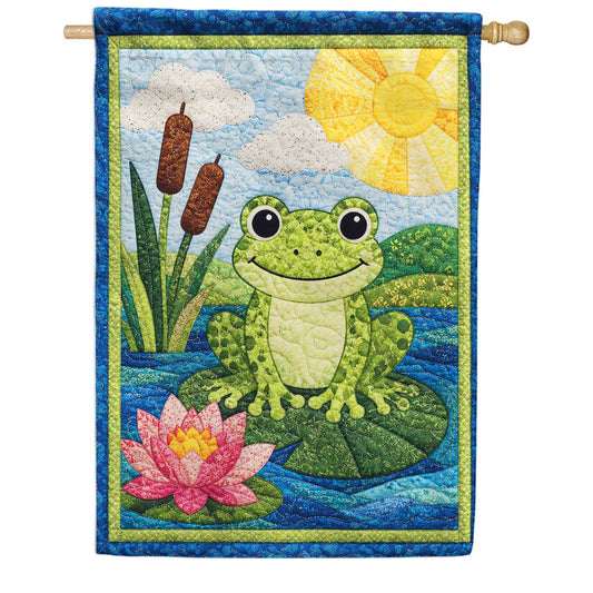 Cheerful Frog on Lily Pad Pond Scene House Flag