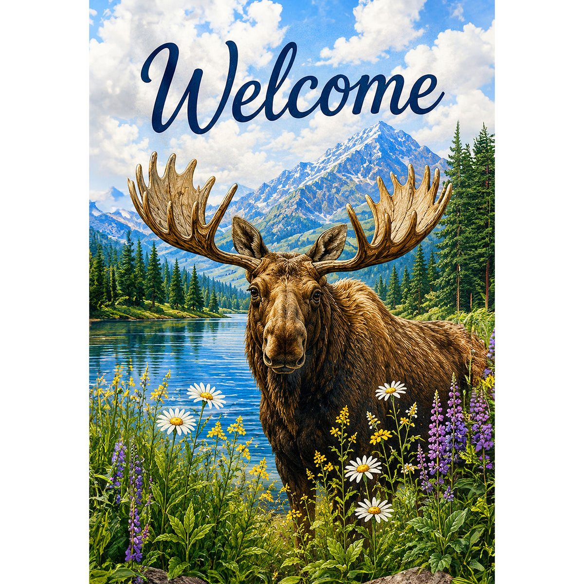Welcome Moose Mountain Lake Wilderness Scene House Flag