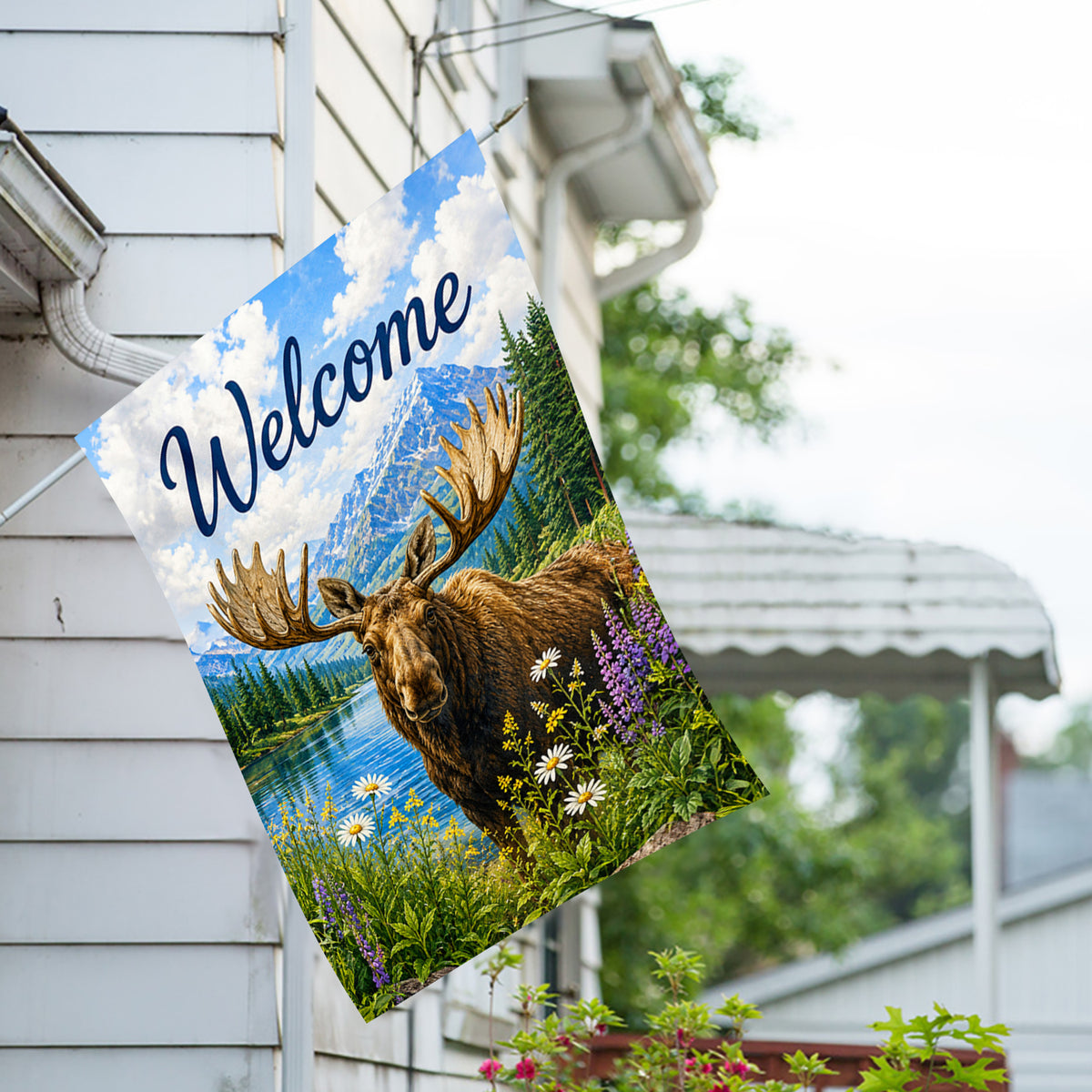Welcome Moose Mountain Lake Wilderness Scene House Flag