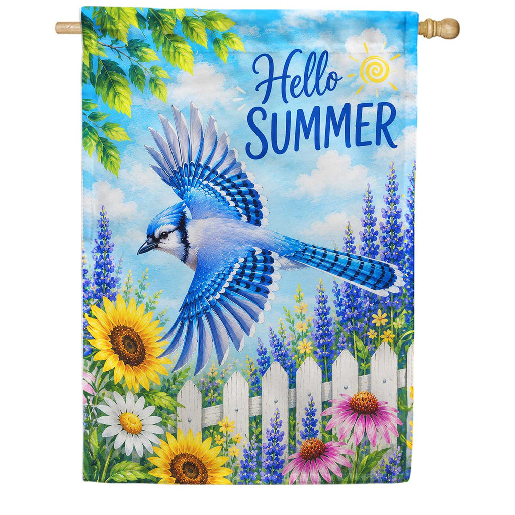 America Forever Hello Summer Blue Jay and Sunflowers House Flag