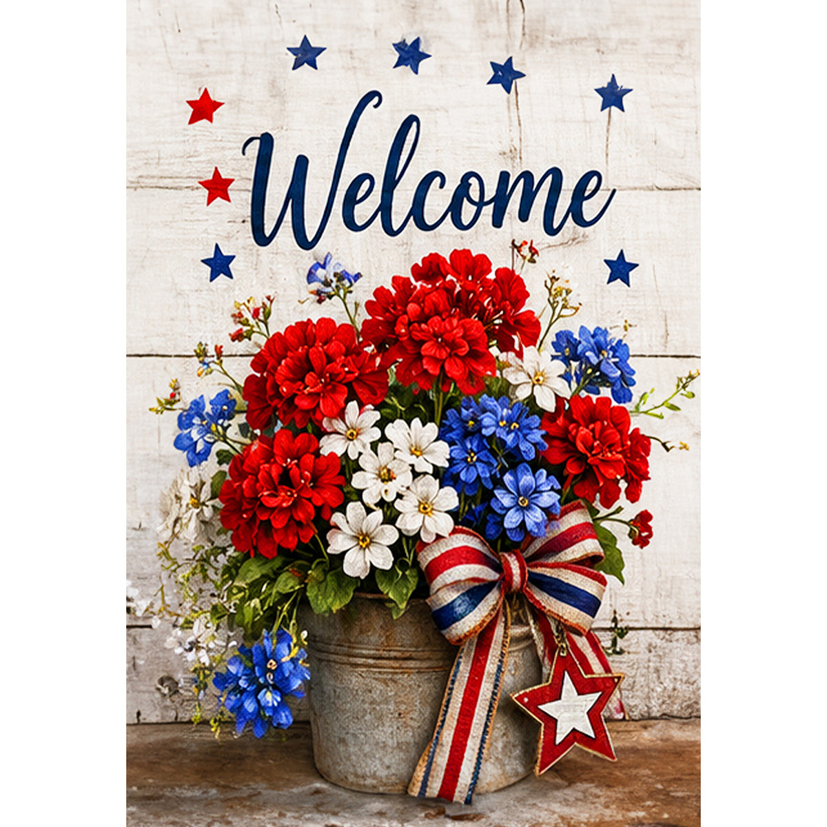 America Forever Patriotic Welcome Floral Bucket Red White Blue House Flag