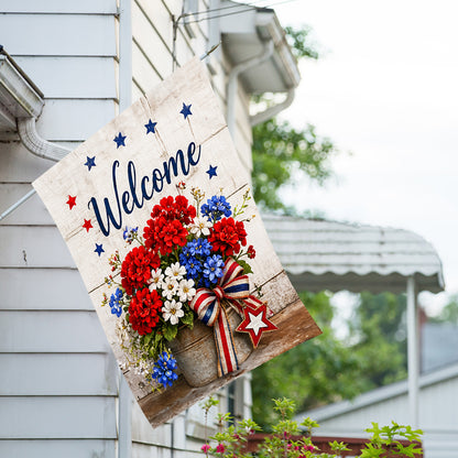 America Forever Patriotic Welcome Floral Bucket Red White Blue House Flag