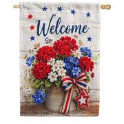 America Forever Patriotic Welcome Floral Bucket Red White Blue Garden Flag
