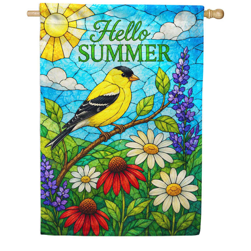 America Forever Hello Summer Goldfinch Stained Glass Floral House Flag