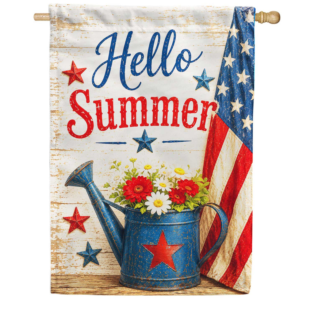 America Forever Hello Summer Patriotic Watering Can Floral House Flag