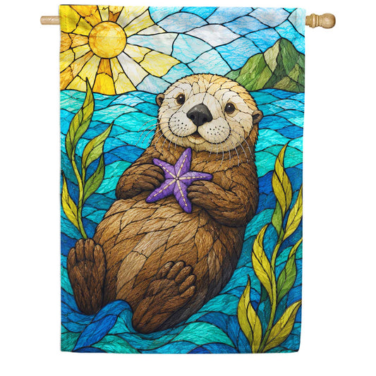 America Forever Stained Glass Sea Otter with Starfish House Flag