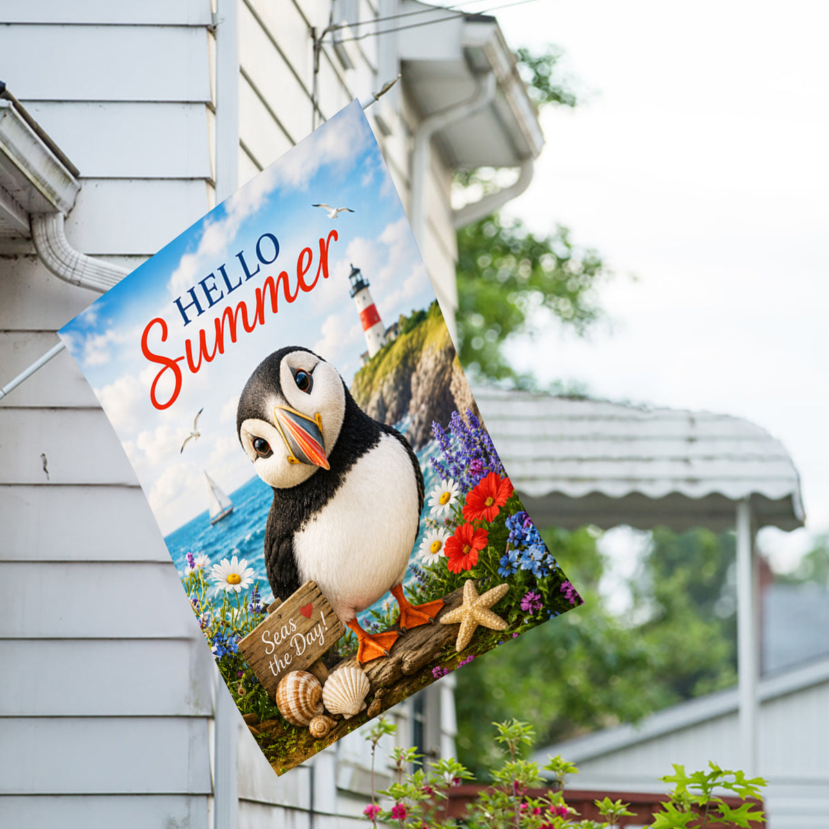 America Forever Hello Summer Puffin House Flag