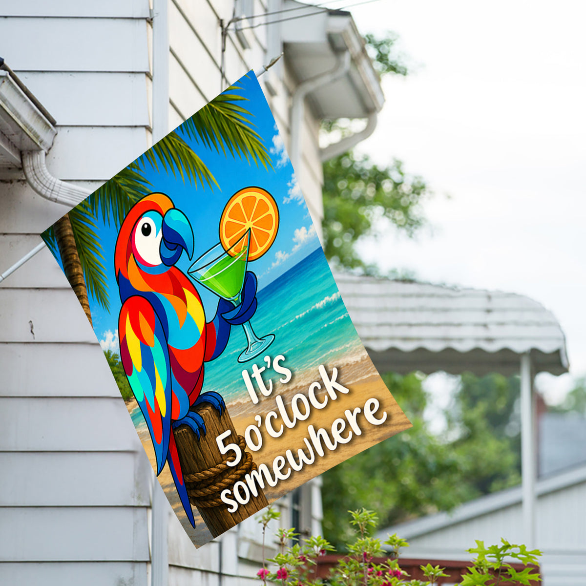 America Forever It's 5 O'Clock Somewhere Tropical Parrot House Flag